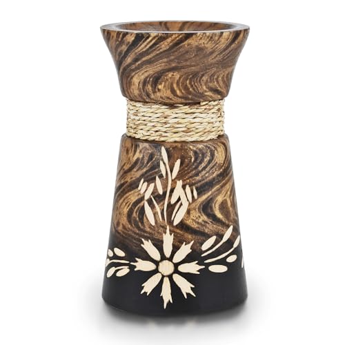 AeraVida 6-Inch Nature’s Beauty Etched Flower and Rope Design Mango Tree Wood Rectangular Handmade Vase | Rustic Wooden Tabletop Vase for Flowers | Sustainable Home & Kitchen Decor