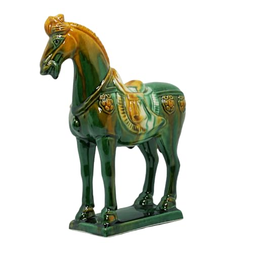 Handmade Tang Dynasty Tri-Color Horse Ceramic Sculpture - 19cm Traditional Chinese Cultural Art Decor - Symbol of Prosperity & Good Fortune - Perfect for Home, Office, Bookcase Shelf (Green) - color: Green