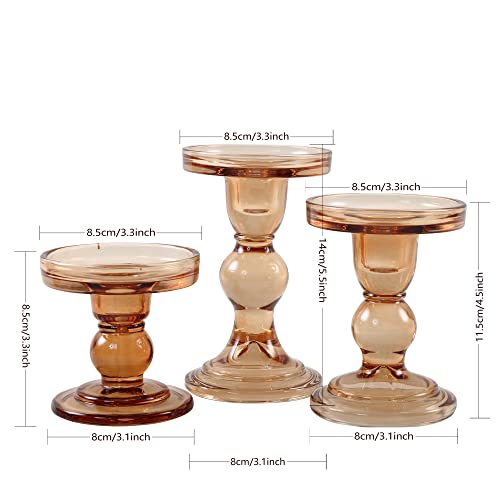 GMWD 3 Pcs Glass Candle Holder Set Clear, Amber Candlesticks Holders Pillar Taper Candles Tealight Stand for Wedding Centerpieces Home Decorations Dining Table - color: Amber
