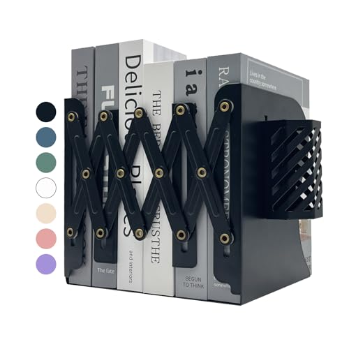 Kingsmile Book Ends, Adjustable Bookends for Shelves, Metal Bookends for Heavy Books, Book Stopper Organzier with Pen Holder for Desk, Kids Room, Office, Classroom, Library, Study Room.(Black) - color: Black