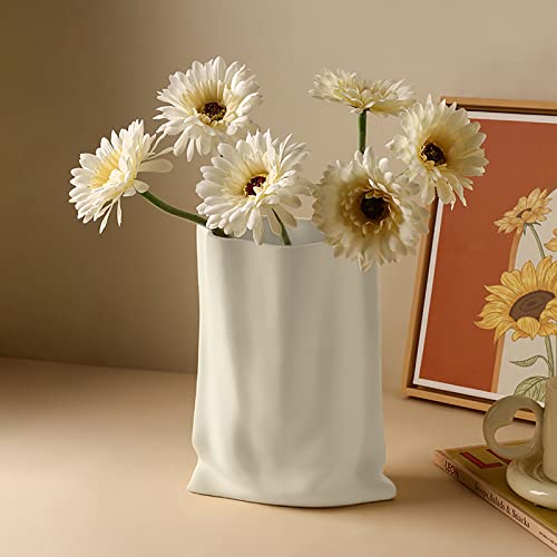 Relexome Ceramic Paper Bag Vase Crinkle Fold Flower Vases, Wabi-Sabi Minimalist Nordic Boho Ins Style for Centerpieces Living Room Office Bedroom Home Decor, Bouquet Gifts for Women Girl 9.1 Inches - color: White