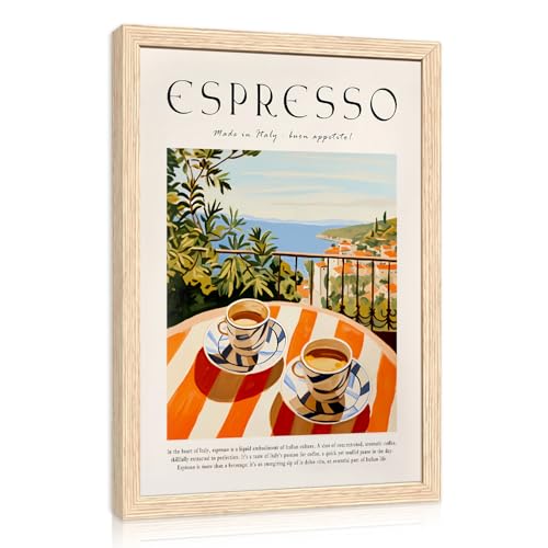 GELDSTEI Coffee Wall Art, Vintage Espresso Wrapped Canvas Print, Italian Coffee Poster Print, Cafe Bar Decoration, Retro Italian Cafe Wall Decor for Kitchen Dining Room Wood Framed 16x24 Inch - color: Orange(Wood), size: 24"L x 16"W