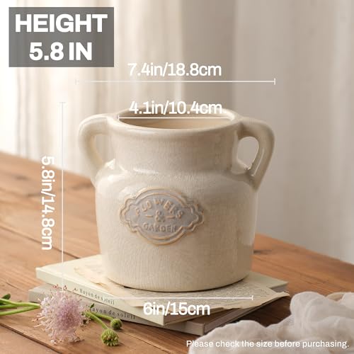 Rustic White Ceramic Vase, 5.8 Inch Vintage Flower Vases with Handle, Farmhouse Distressed Decorative Vases for Home Decor, Wide Mouth Vase for Living Room Bedroom Table Shelf Decorations - color: White
