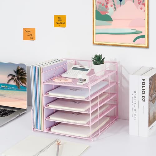 LEKETREE Desk Organizers and Accessories, 5-Tier Paper Letter Tray Organizer with File Holder, Desktop Organizer for Office Supplies (Pink) - color: Pink, size: 12" x 12" x 12"