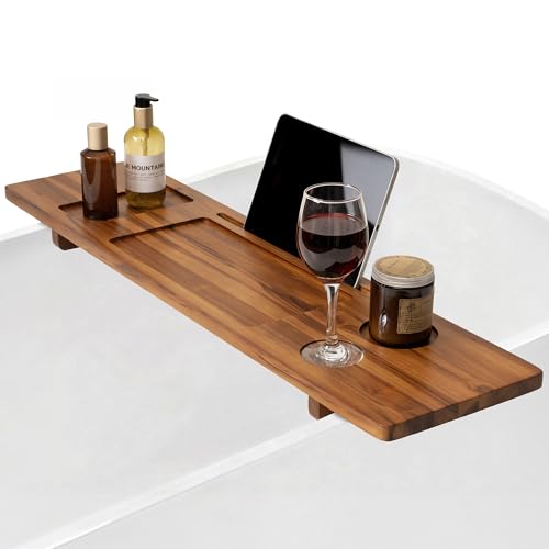 Teak Bathtub Tray - Wood Bath Caddy Tray 35" for Large Tubs - Adjustable Bathtub Table Trays - Luxury Shower Organizer for Home Spa Relaxation and Reading - Light Walnut Color - color: Light Walnut-a, size: 35" x 9" x 2.4"