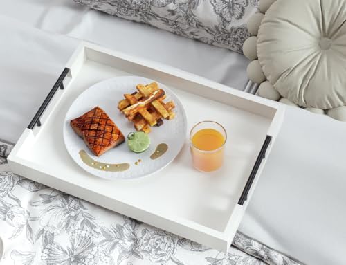 Fibogollo Bamboo Serving Tray with Metal Handles,17x12in Ottoman Decorative Trays Platter for Coffee Table,Living Room,Bar,Party,Large(White) - style: White-Large