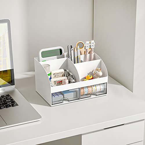 COMFYROOM Desk Organizer with 6 Compartments and 2 Drawers, Plastic Makeup Organizer, Pen Holder for Desktop Storage, Desk Organization for School, Home, Office Supplies (White) - color: White