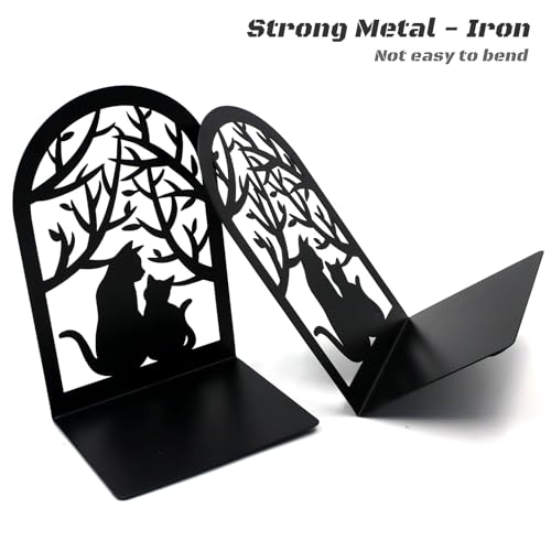 Book Ends, Bookends, Metal Bookend, Cat Decorative Bookends, Bookends for Shelves, Home Decorative Bookends for Heavy Books, Black Non-Skid Book Stopper, 7 x 4.7 x 4 inch (2 Pair)
