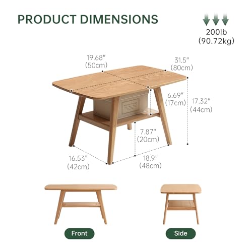 100% Solid Oak Wood Coffee Table for Living Room, Small Table with Shelf Storage, Mid Century Modern Coffee Tables with Rounded Corners for Home (Natural, 31.49" x 19.68" x 17.32") - color: Natural Colour, size: 31.49"W x19.68" D x 17.32" H