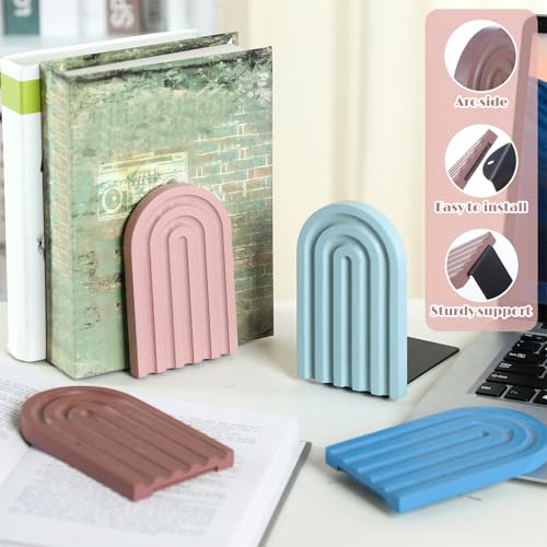 Harloon 4 Pcs Boho Arch Wooden Bookends, Decorative Rainbow Book Stoppers with Non-Slip Metal Base, 5x3x4 Inches, Cute Shelf Decor for Heavy Books, Home Office Study Desk Organizer(Morandi Color) - color: Morandi Color