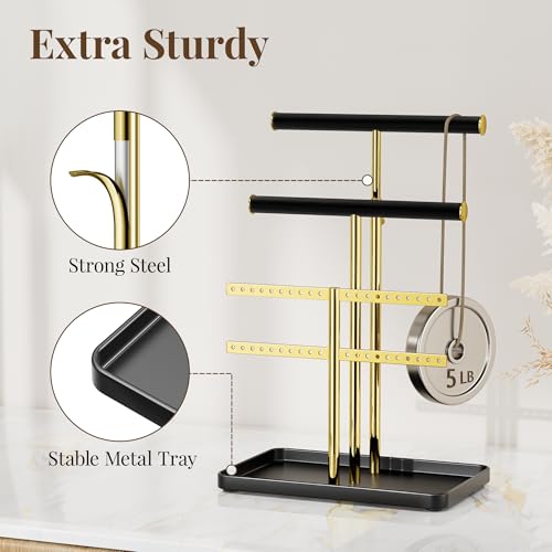 pickpiff Jewelry Holder Organizer with Velvet, Adjustable 10"-17" Tall, Metal Stand for Display Bracelet, Necklace, Earrings, Rings, Black and Gold - color: Gold and Black