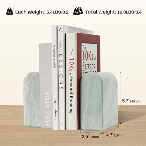Marble Bookends for Shelves, Decorative Book Ends, 13lbs Heavy-Duty Marble Book Holders, Stone Bookshelf Decor, Light Green - color: Light Green, size: 12LB