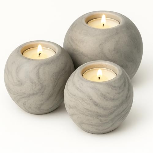 Concrete Sphere Tea Light Holder - Minimalist Centerpiece - Candle Holder - Modern Interior Design (Marble, Set of 3 Sizes) - color: Marble, size: Set of 3 Sizes
