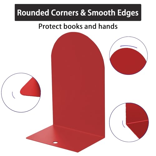 MerryNine Metal Book Ends, 4 Pack Red Bookends for Shelves, Book Holder for Heavy Books, Book End for Kids Books, Decoration Bookend for Home Office - color: Red