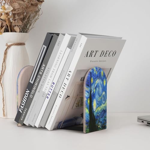 Starry Sky L-Shaped Book Ends 1 Pair Wood Bookends Van Gogh Book End Supports for Heavy Book Shelf Holder Home Decorative - color: Starry Sky