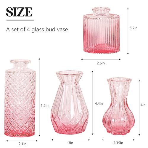 Set of 4 Glass Bud Vase Set, Small Vintage Clear Flower Vase Centerpieces for Table Bulk Cute Rustic Style Mini Vase for Home Decor Wedding Baby Shower Birthday Party(Ombre Pink) - color: Ombre Pink