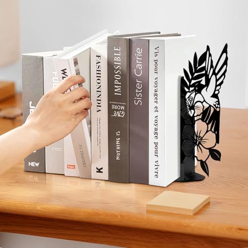 ENCIMART Bird Metal Bookends for Shelves Cute Flower Book Ends for Heavy Books Bookshelf Decorative Objects Office Home Desk Bookshelf Decor Book Lover Hummingbird Gifts for Women (Black) - color: Black Hummingbird