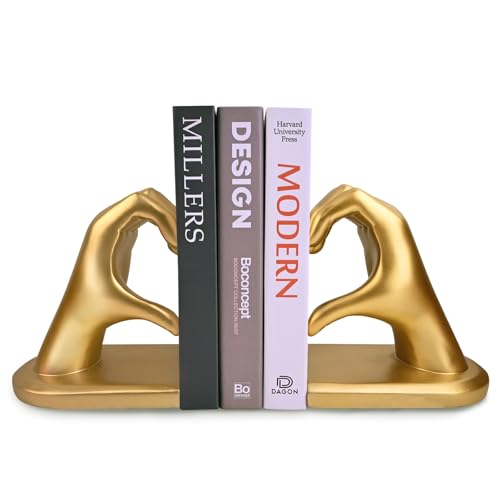 Gold Decorative Bookends for Shelves, Heart Hands Book Ends Sculpture Aesthetic Decor for Bedroom Living Room Merch Apartment Bookshelf Birthday Women Decorations Stuff Aesthetic - color: Gold