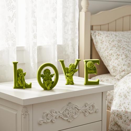 Cupid Statue Velvet Flocked Sculpture Anniversary Wedding Gifts, Cherub Angels Statue Romantic Love Figurine Spring Decor for Home, Living Room, Bookshelf, Coffee Table Decor (Green) - color: Cupid-green