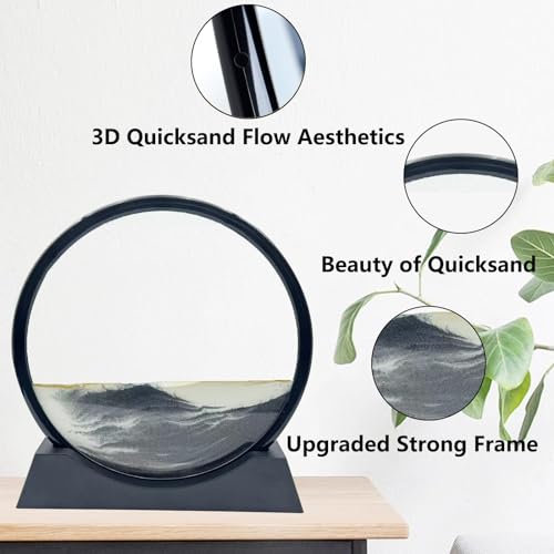 AzureLeap Moving Sand Art Liquid Motion, 3D Deep Sea Sandscape Color Quicksand Decor, Round Glass Moving Sand Art Picture Relaxing Desktop Home Office Work Decor (12 inch-Black) - color: BLACK, size: 12 inch