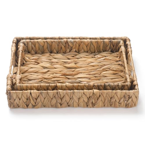 2 Pack Water Hyacinth Tray with Handles, Rectangular Wicker Serving Tray, Woven Serving Basket for Coffee Table, Bathroom, Living Room, Kitchen