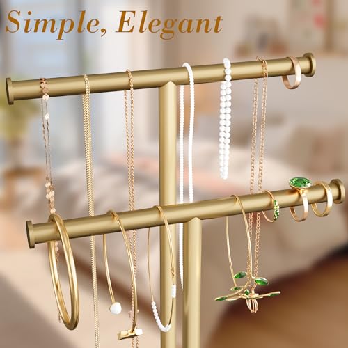 Gold Necklace Rack Stand with Storage Tray - 2 Rods T-Shaped Jewelry Holder Stand for Bracelets, Earrings, Rings | Elegant Vanity & Dresser Top Storage for Women. - color: Gold