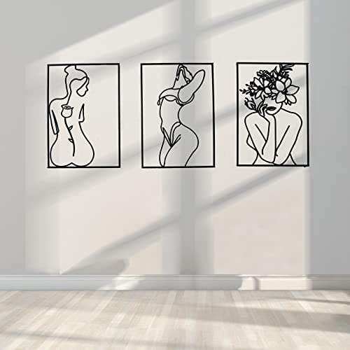 Glamativity 4 Pack Black Wall Art Décor, Minimalist Décor Single Line Art Wall Décor, Real Metal Wall Art, Woman's Body Shape Abstract Wall Art, for Kitchen Bedroom Living Room - color: Black Classic Style, size: M Size 17 x 11.8''