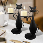 Black Cat Candle Holder for Pillar Candles Led Flameless Candles, Retro Rustic Farmhouse Home Metal Cat Decor Candlestick for Centerpiece, Dining Table, Housewarming Gifts