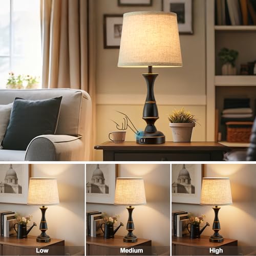Luvkczc Touch Table Lamps Set of 2, 22" Tall Bedside Lamps with Dual USB A Ports, Dimmable Nightstand Lamps for Bedroom, Living Room, Office, Black Lamps with Beige Lampshade, Bulb Included - color: Black base+Beige lampshade, size: 22in