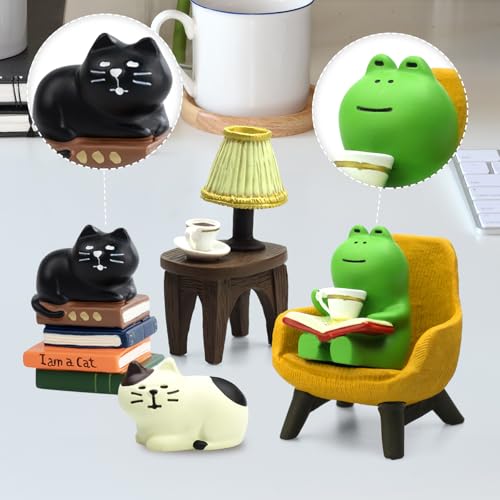 RAQWI Cute Mini Frog and Cat Figurine for Office, Home Decoration Perfect Cute Frog and Cat Gift - color: Second Set
