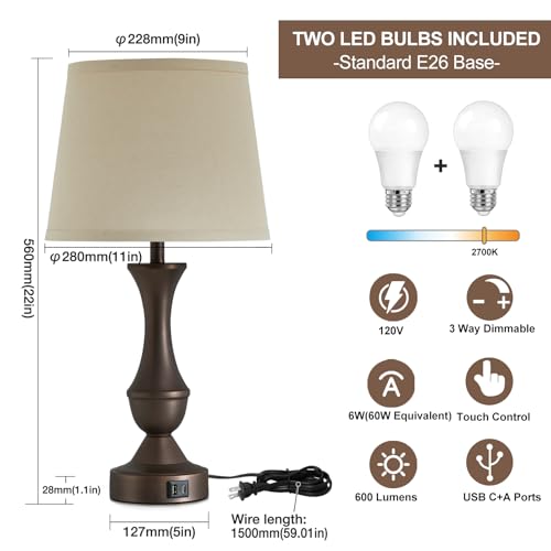 Luvkczc 22" Table Lamp Set of 2 - Vintage Brown Bedside Lamp with Beige Fabric Shade, Dimmable, USB C+A Ports, Nightstand Lamp for Living Room Bedroom (Bulb Included) - color: Brown,Beige, size: 22in