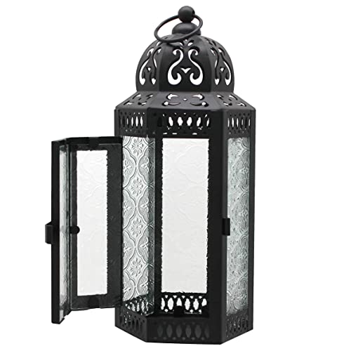 CVHOMEDECO. Decorative Candle Lantern Moroccan Lanterns Vintage Black Metal Lantern Holder for Home Patio Outdoor Decor. Clear Glass, Medium - color: Clear
