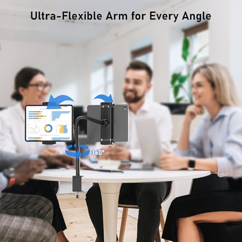 Tablet Stand for Desk, Gooseneck iPad Holder Clamp Mount, 360° Adjustable Arm Mount for iPad Pro/Air/Mini, Kindle Fire, Galaxy Tabs, 4.7"-13.5" Tablets, for Kitchen, Work, Video Call, Bed
