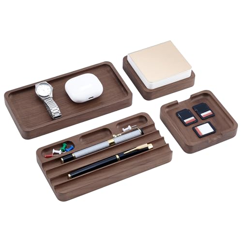 4 Piece Wooden Desk Organizer Tray With Pen Holder, Walnut Wood Pencil Holder, Minimalist Desk Accessories, Mens Valet Tray Office Supplies, Stationery Pen Key Wallet Catchall Trays - style: valet tray