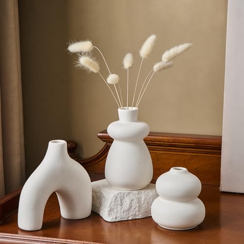 White Ceramic Vase Set of 3 Small Flower Vases for Home Decor, Modern BohoVase for Pampas Grass, Round Decorative Vases Table Centerpieces for Wedding Living Room Shelf Coffee Table (White Vase - B) - color: White Vase - B