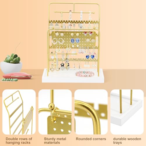 Jewelry Organizer Stand Metal Jewelry Display Rack with Wooden Tray Necklace Stand Partitioned Storage for Rings, Earrings and Bracelets Jewelry Rack(Gold) - color: Gold-White Tray
