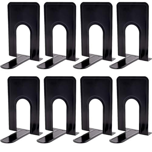 KINJOEK 4 Pairs/8 PCS Heavy Duty Bookends, 8.3x6.5x5.1 Inch Anti Slip Metal Book Ends for Books, Magazines, DVDs, Home, Office, School, Library, Black - size: 4Pairs Black