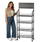 4-Tier Metal Display Rack Large Snack Shelving Unit with Hanging Panels and 12 Hooks 4 Casters for Easy Mobility Freestanding Display Unit Ideal for Supermarkets and Retail Stores (55H*23.68W*10.4D) - size: 55H*23.68W*10.4D