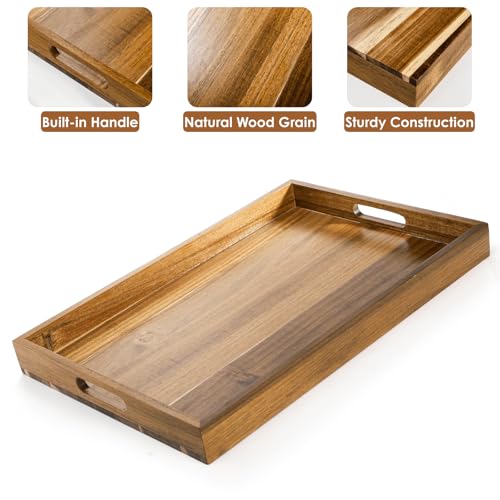YOUEON 2 Pack 17 x 12 Inch Acacia Wood Serving Tray with Handles, Large Wooden Tray for Ottoman, Breakfast in Bed, Dinner, Coffee Table, Perfect for Living Room, Bedroom & Kitchen