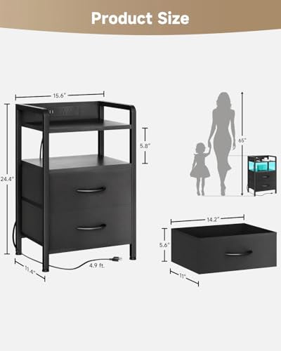 Lazzanto Night Stand Bedside Charger Bedroom - Nightstand with Charging Station & LED Light Strip, Night Stand with Storage Shelf & 2 Fabric Drawers, Morden End Table with U-S-B Ports & AC Outlets - color: Black, size: 2 Drawers
