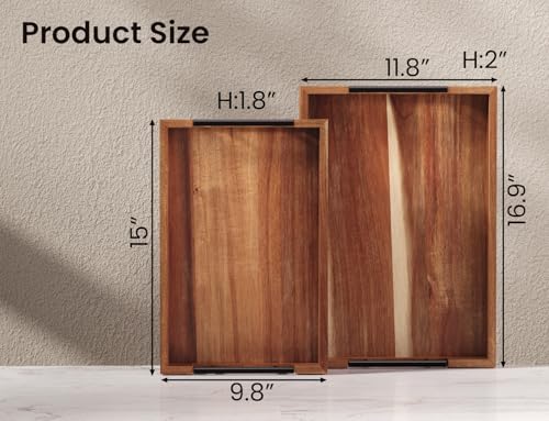 Fibogollo Acacia Wood Set of 2 Serving Tray with Metal Handles,Ottoman Decorative Trays Platter for Coffee Table,Living Room,Bar,Party - size: 15 x 10 in and 17 x 12 in - Set of 2