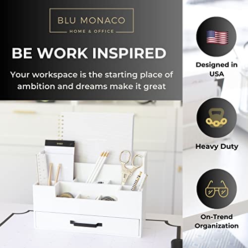 BLU MONACO White Wooden Desk Organizer With Drawer | Desktop Storage With Drawers | Multi-Compartment Desk Caddy for Home Office | 5.7”D x 12.9”W x 9”H Tabletop Accessory Holder