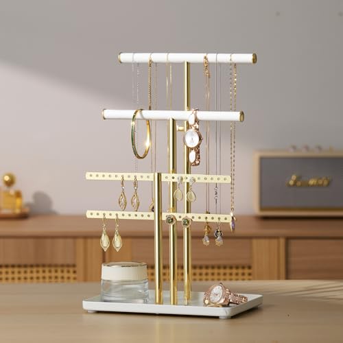 pickpiff Jewelry Holder Organizer with Velvet, Adjustable 10"-17" Tall, Metal Stand for Display Bracelet, Necklace, Earrings, Rings, White and Gold - color: Gold and White