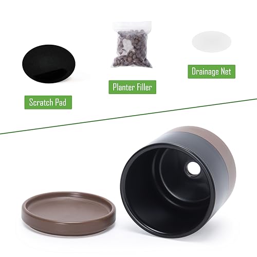 D'vine Dev Set of 2 Plants Pots, 3.5 Inch Ceramic Planter Pot for Plants with Drainage Hole and Saucer, Black/Speckled Tan, 94-V-A-7 - color: Black/Speckled Tan, size: 3.5 Inch