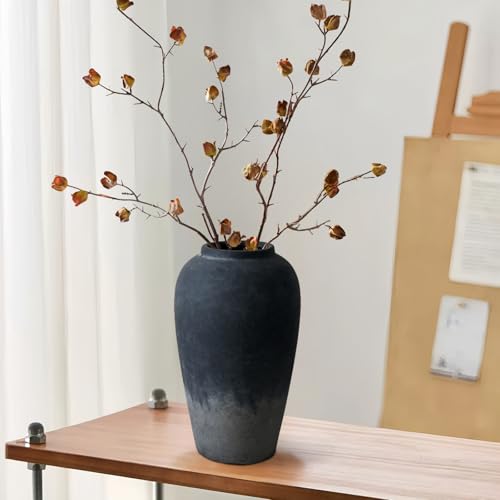 12 Inch Rustic Ceramic Vase, Black Flower Vases for Centerpieces, Farmhouse Decor for Living Room, Entryway & Kitchen, Vintage Pottery Vase for Wedding Gifts - color: Black, size: Small