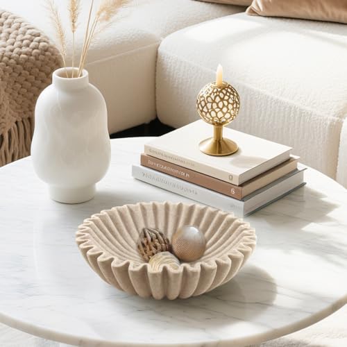 10'' Scalloped Decorative Key Bowl for Entryway Coffee Table - Catchall Trinket Large Candy Fruit Purse Holder Kitchen Countertop Console Modern Home Decor, Artificial Stone Beige - color: Beige