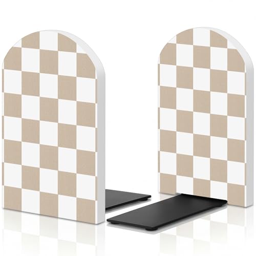 Boho Bookends Walnut Wood Beige Checkered Bookends for Shelves, Heavy Duty L-Shape Decorative Book Ends with Non-Slip Base, Boho Aesthetic Desk Decor for Organizing Book Home Decor