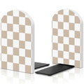 Boho Bookends Walnut Wood Beige Checkered Bookends for Shelves, Heavy Duty L-Shape Decorative Book Ends with Non-Slip Base, Boho Aesthetic Desk Decor for Organizing Book Home Decor