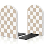 Boho Bookends Walnut Wood Beige Checkered Bookends for Shelves, Heavy Duty L-Shape Decorative Book Ends with Non-Slip Base, Boho Aesthetic Desk Decor for Organizing Book Home Decor