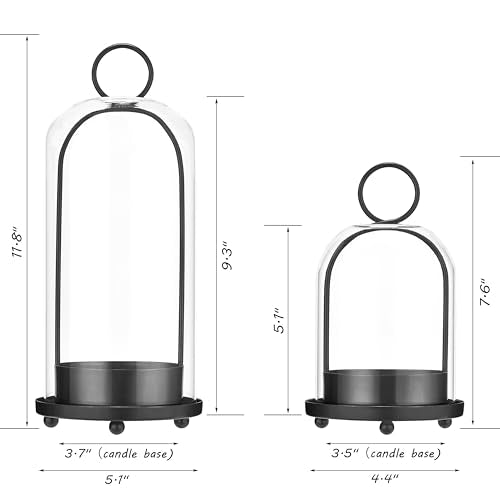 Hurricane Candle Holders Set of 2, 5" & 4" Metal and Glass Candle Lantern with Clear Dome for Pillar Candle, Wedding & Christmas Table Centerpiece, Farmhouse Home Decor (Black, Large & Small) - color: Black